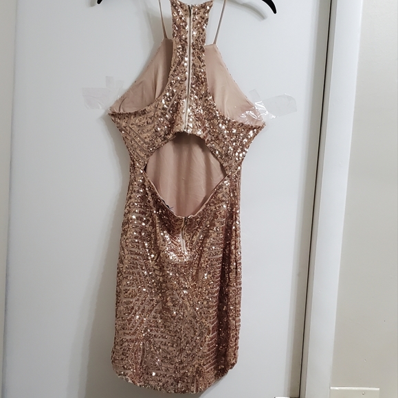 Golden Champagne Sequined Glitter Cutout Evening Mini Dress 👗 - Picture 15 of 15
